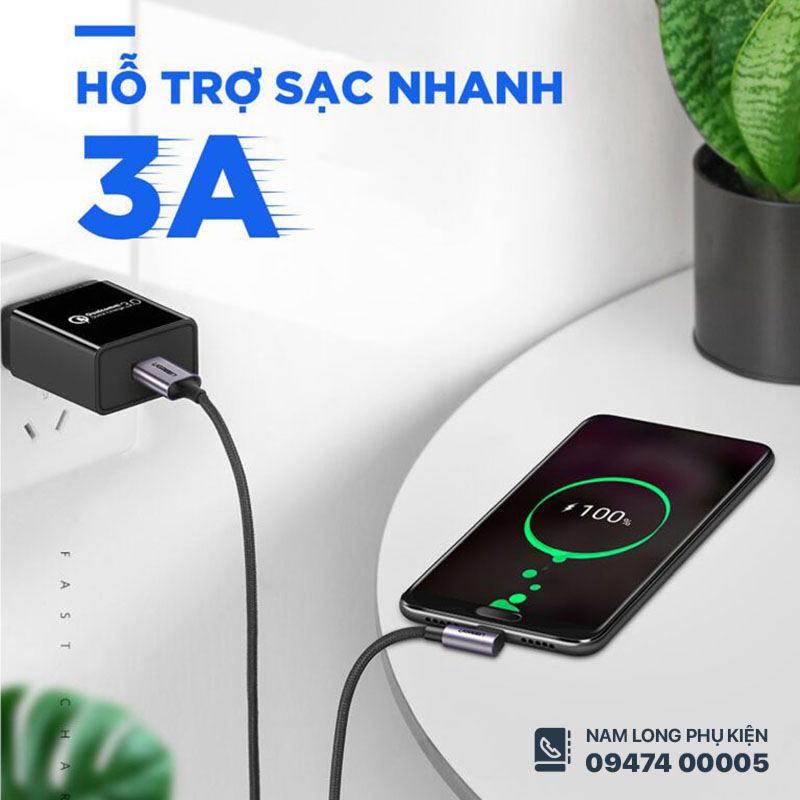 Cáp sạc nhanh 3A vuông góc Type C Ugreen US284 dài 3 mét