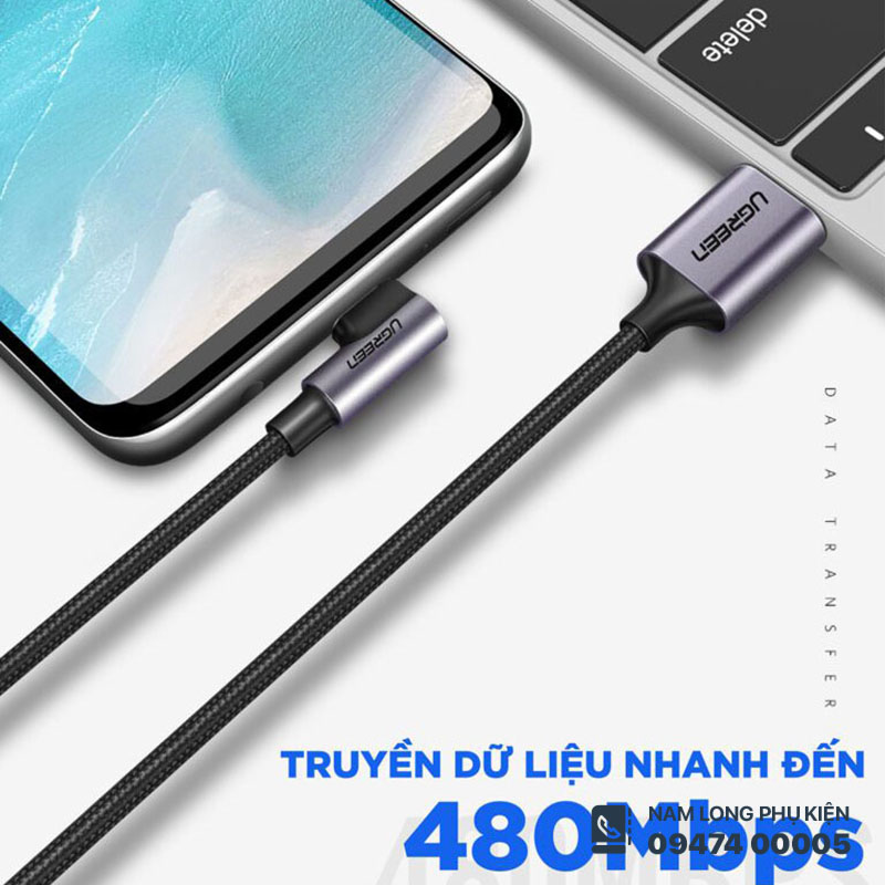 Cáp sạc nhanh 3A vuông góc Type C Ugreen US284 dài 3 mét