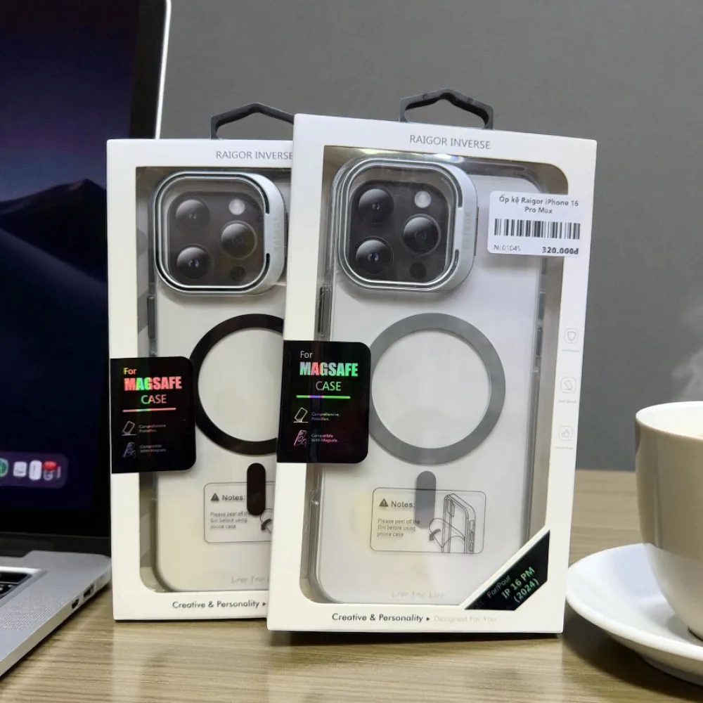 Ốp lưng iPhone 16 Pro Max trong suốt Raigor có giá đỡ